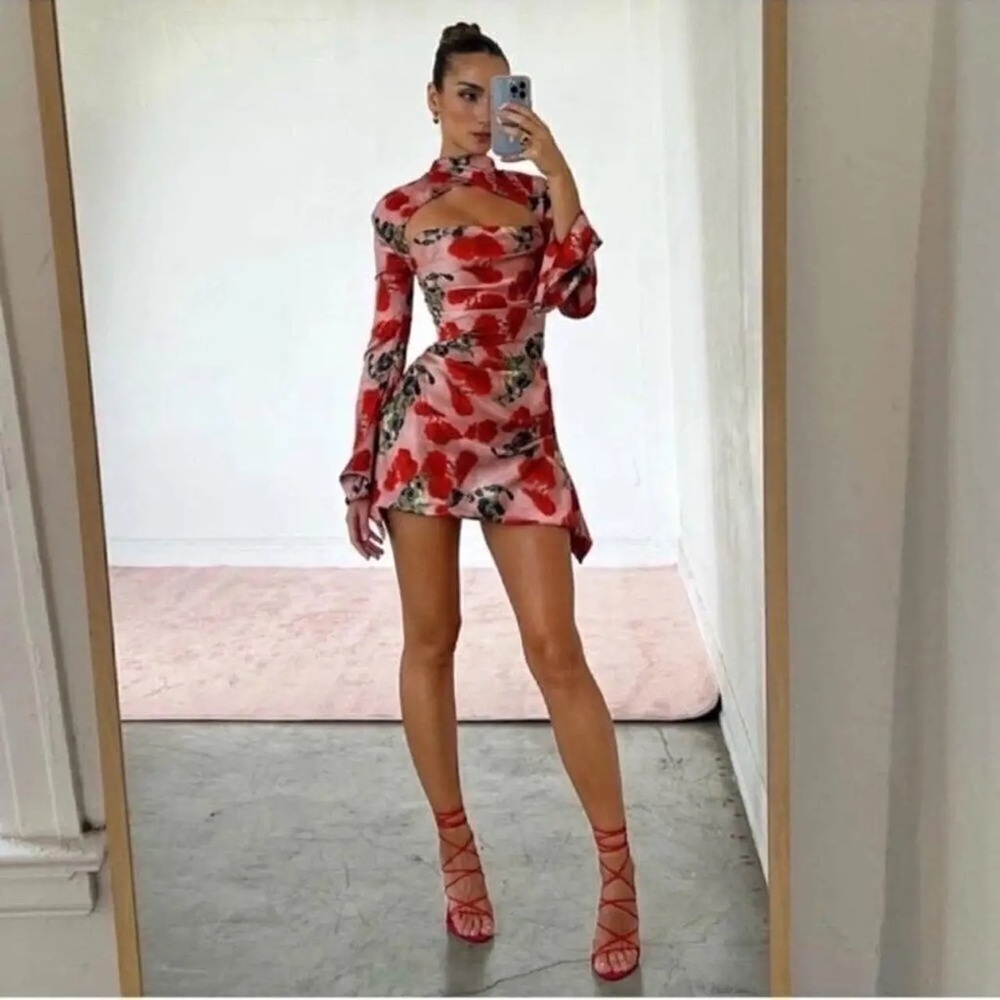House of CB Pink and Red Floral Cutout Mini Dress Toira